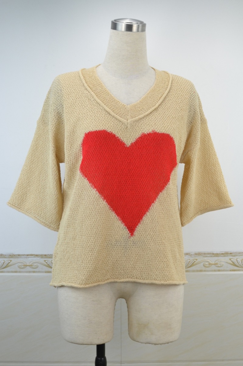 Two Colors Heart Pattern Print Stretch V-Neck Stylish Loose Knits