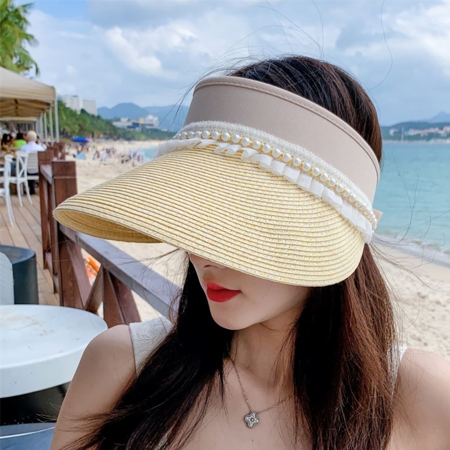 One Pc Summer New Pearl Ruffled Brim 7 Colors Empty Top Shaded Seaside Beach Straw Hat 56-58Cm