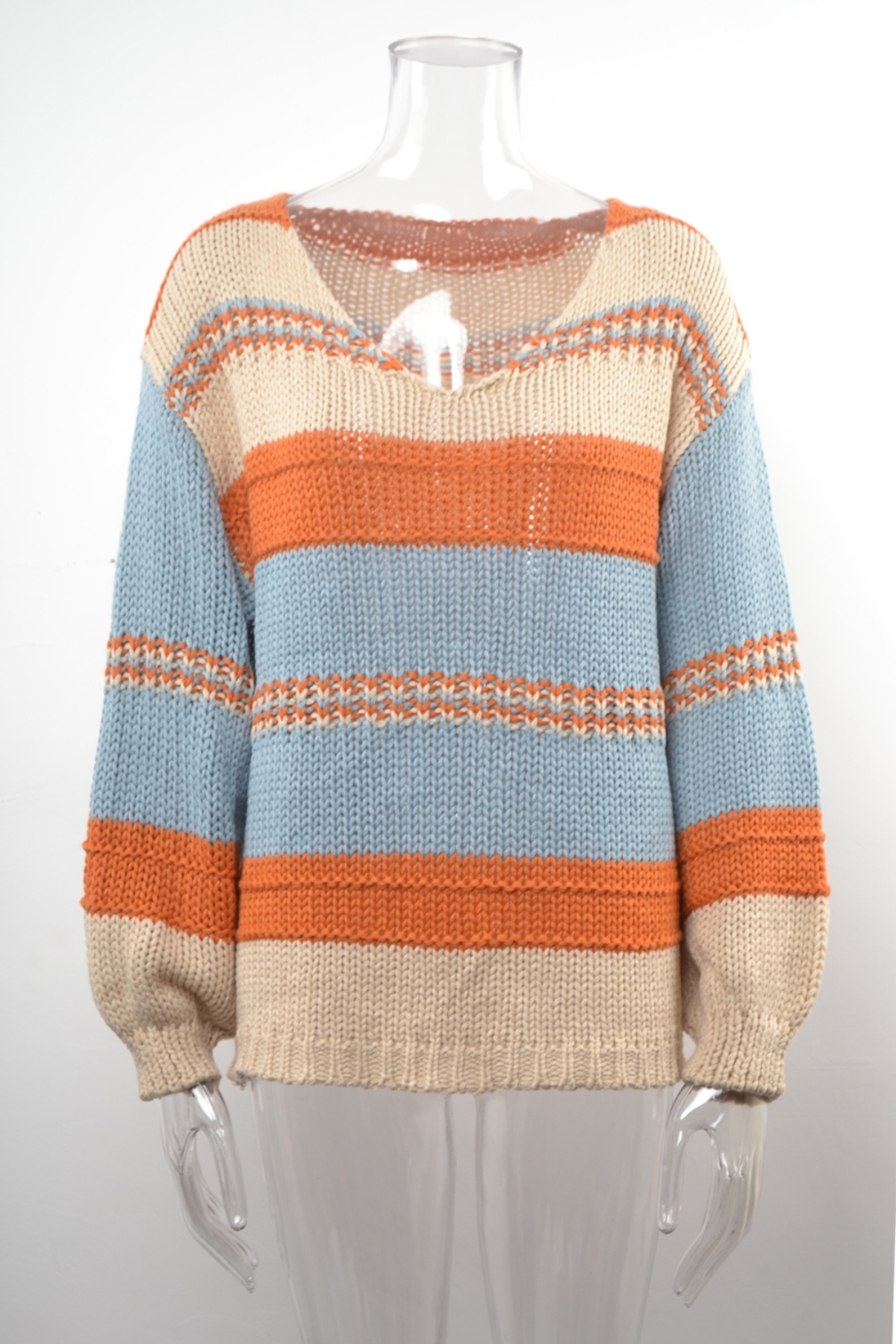 Winter New Multicolor Stripes Knitted Stretch V-Neck Stylish Sweater