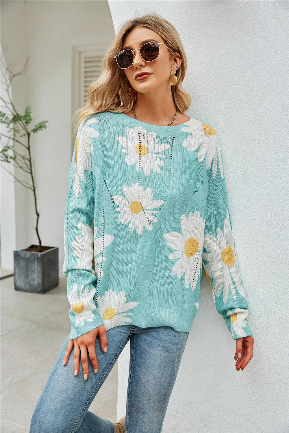 Winter New Flowers Printing Stretch Knitted Stylish Sweater