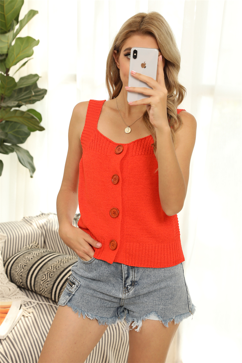 Summer Solid Color Single Breasted Knitting U Neck Simple Vest