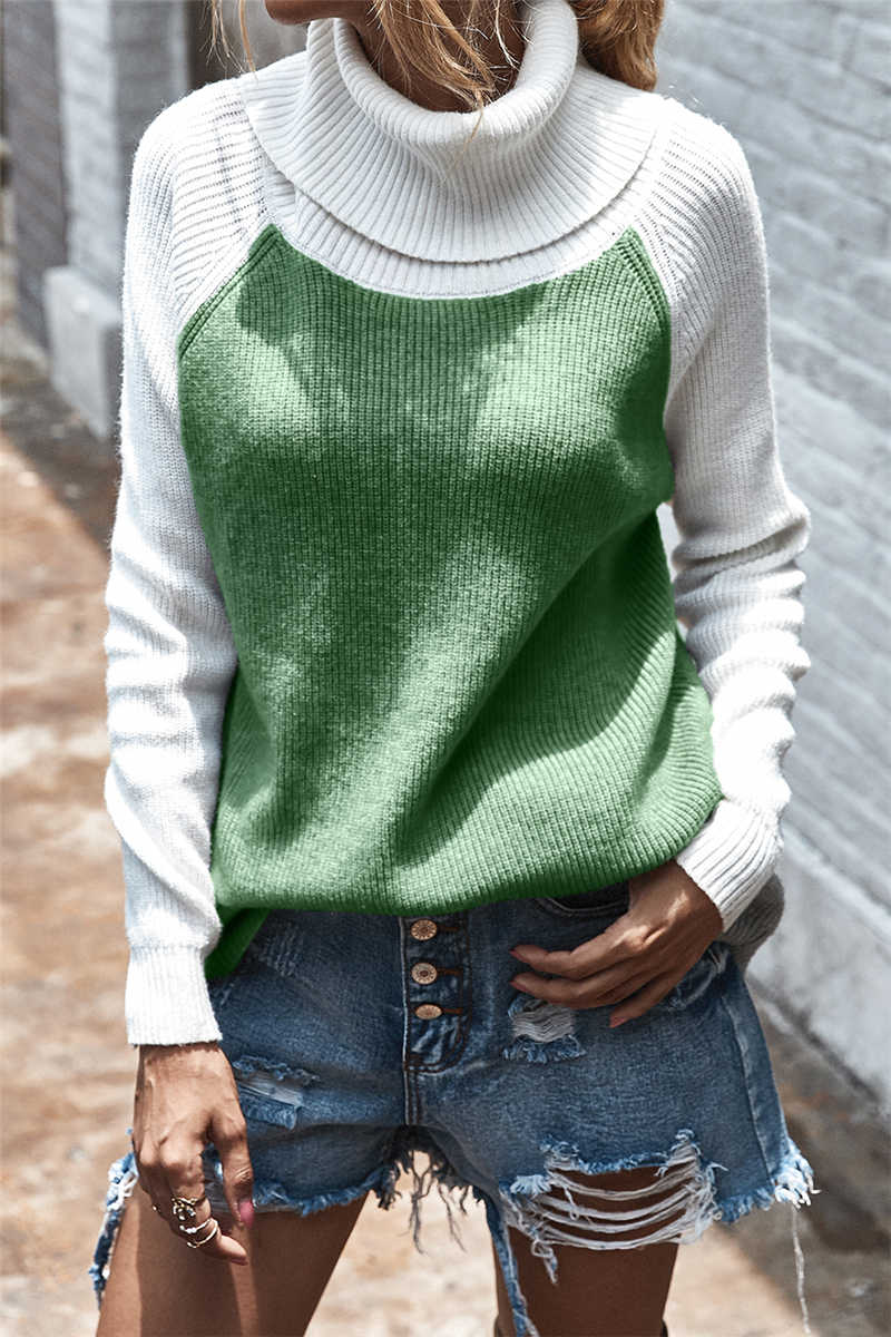 Autumn Winter New Stylish Contrast Color High Collar Knitted Casual Sweater