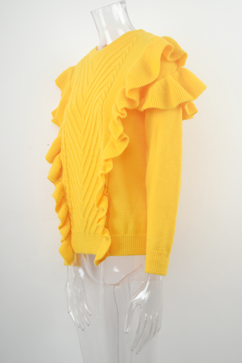 Winter New Solid Color Knitted Stretch Ruffle Stylish Trend Sweater