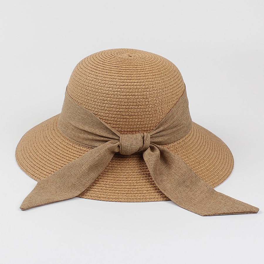 One Pc Summer Elegant Solid Color Bowknot Design Weave Casual Vacation Style Seaside Beach Adjustable Straw Hat 56-58Cm