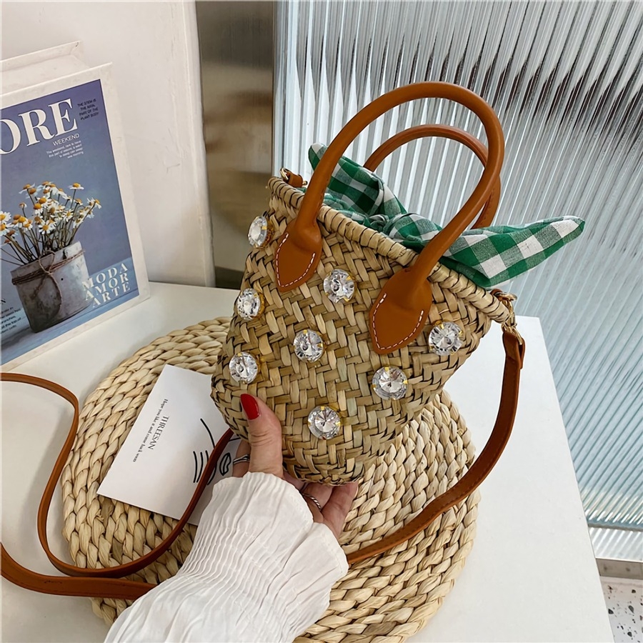 Stylish New Two Colors Rhinestone Decor Lace-Up Crossbody Beach Straw Handbag 20Cm(L)* 6Cm(W)* 16Cm(H)