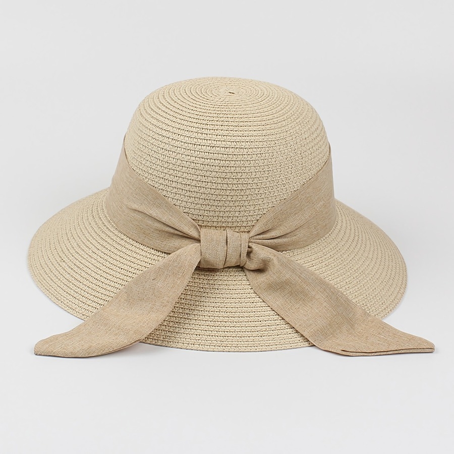 One Pc Summer Elegant Solid Color Bowknot Design Weave Casual Vacation Style Seaside Beach Adjustable Straw Hat 56-58Cm