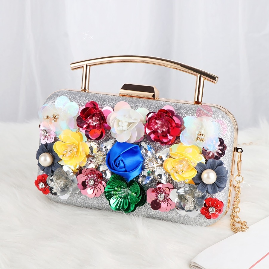 Stylish New Three Colors Flower Rhinestone Sequin Decor Lock Buckle Metal Handle Clutch Bag 19Cm(L)* 4.5Cm(W)* 16Cm(H)