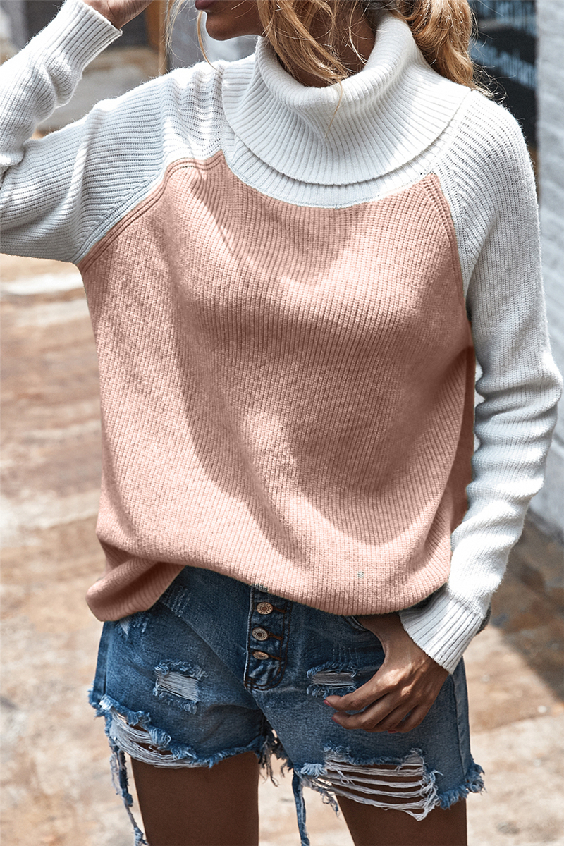 Autumn Winter New Stylish Contrast Color High Collar Knitted Casual Sweater