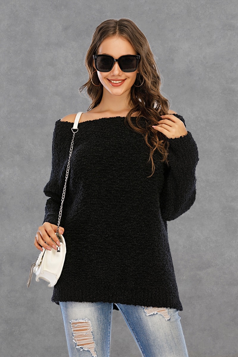 Autumn Winter Solid Color New Fashion Simple Off-Shoulder Knitting Sweater