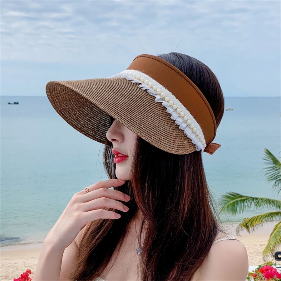 One Pc Summer New Pearl Ruffled Brim 7 Colors Empty Top Shaded Seaside Beach Straw Hat 56-58Cm