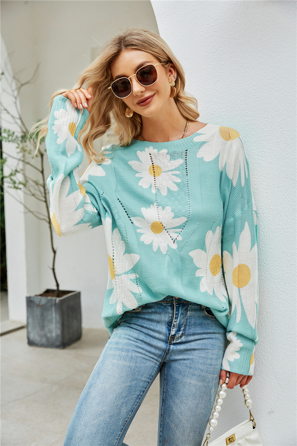 Winter New Flowers Printing Stretch Knitted Stylish Sweater