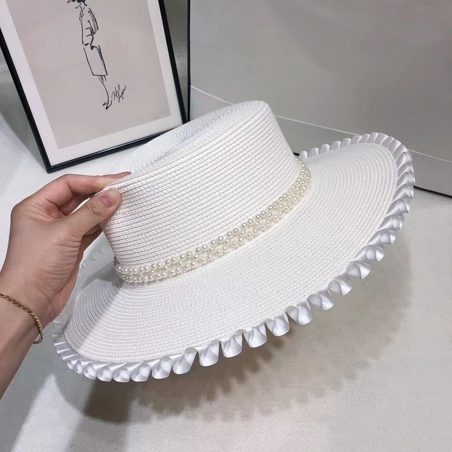 One Pc Summer Fashion Pearl Decorate Flat Top Elegant Satin Ruffle Adjustable Weave Sun Protection Seaside Beach Straw Hat 54-58Cm