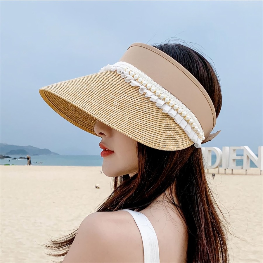 One Pc Summer New Pearl Ruffled Brim 7 Colors Empty Top Shaded Seaside Beach Straw Hat 56-58Cm