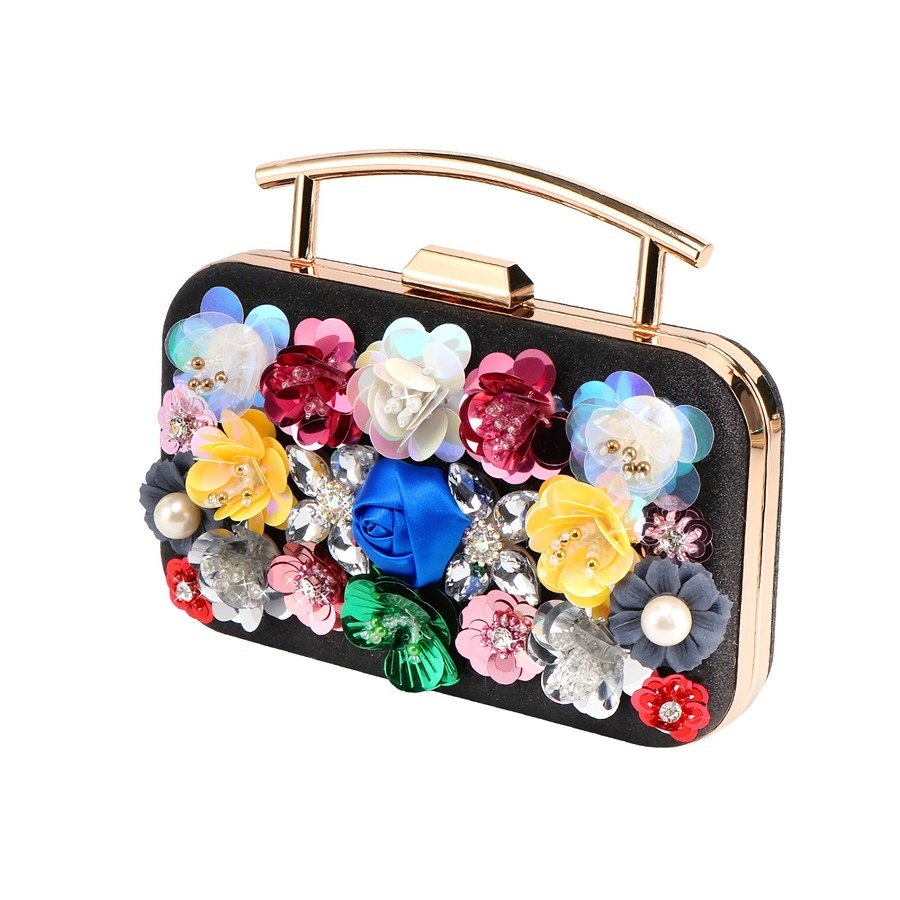 Stylish New Three Colors Flower Rhinestone Sequin Decor Lock Buckle Metal Handle Clutch Bag 19Cm(L)* 4.5Cm(W)* 16Cm(H)