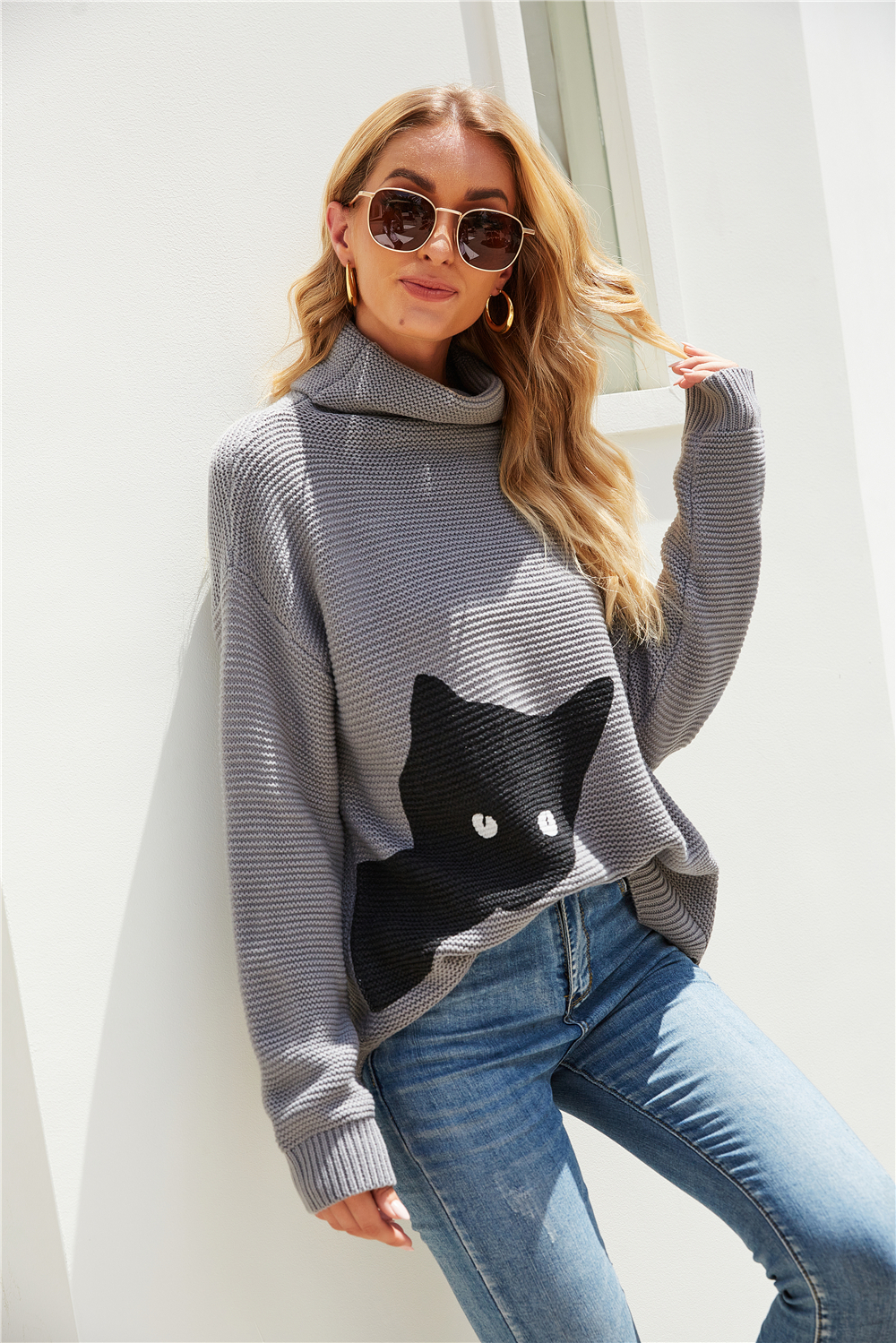 Winter New Kitten Printing Stretch Knitted High Lapel Stylish Sweater