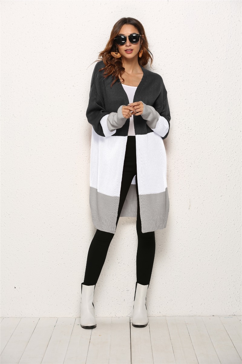 Contrast Color New Stylish Autumn Casual Simple Mid-Length Knitting Cardigan