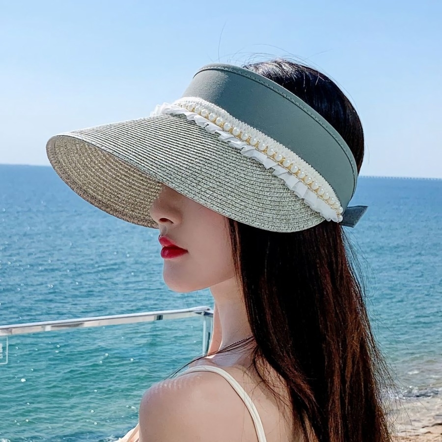 One Pc Summer New Pearl Ruffled Brim 7 Colors Empty Top Shaded Seaside Beach Straw Hat 56-58Cm