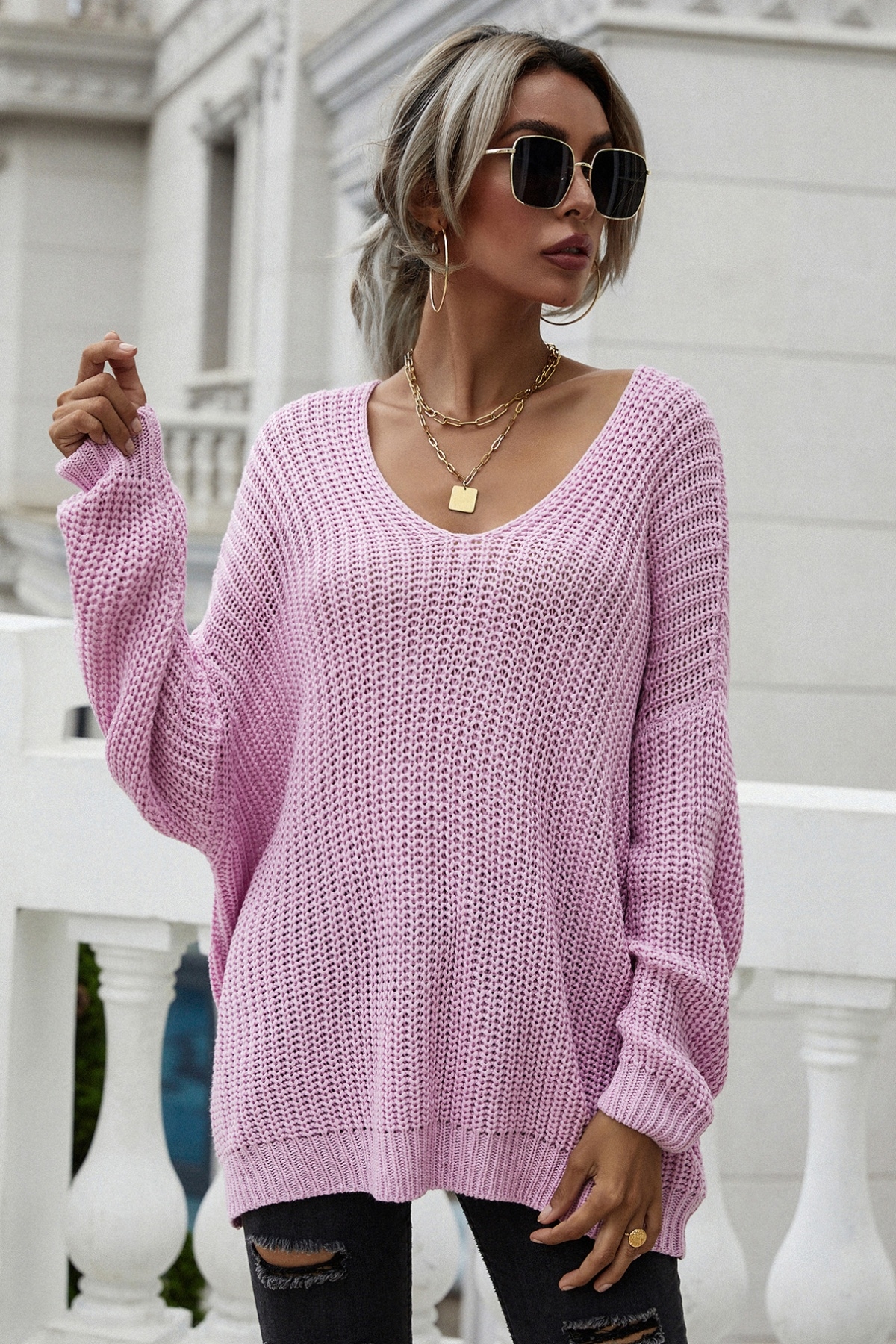 Winter New Solid Color Knitted Stretch V-Neck Loose Simple Stylish Sweater