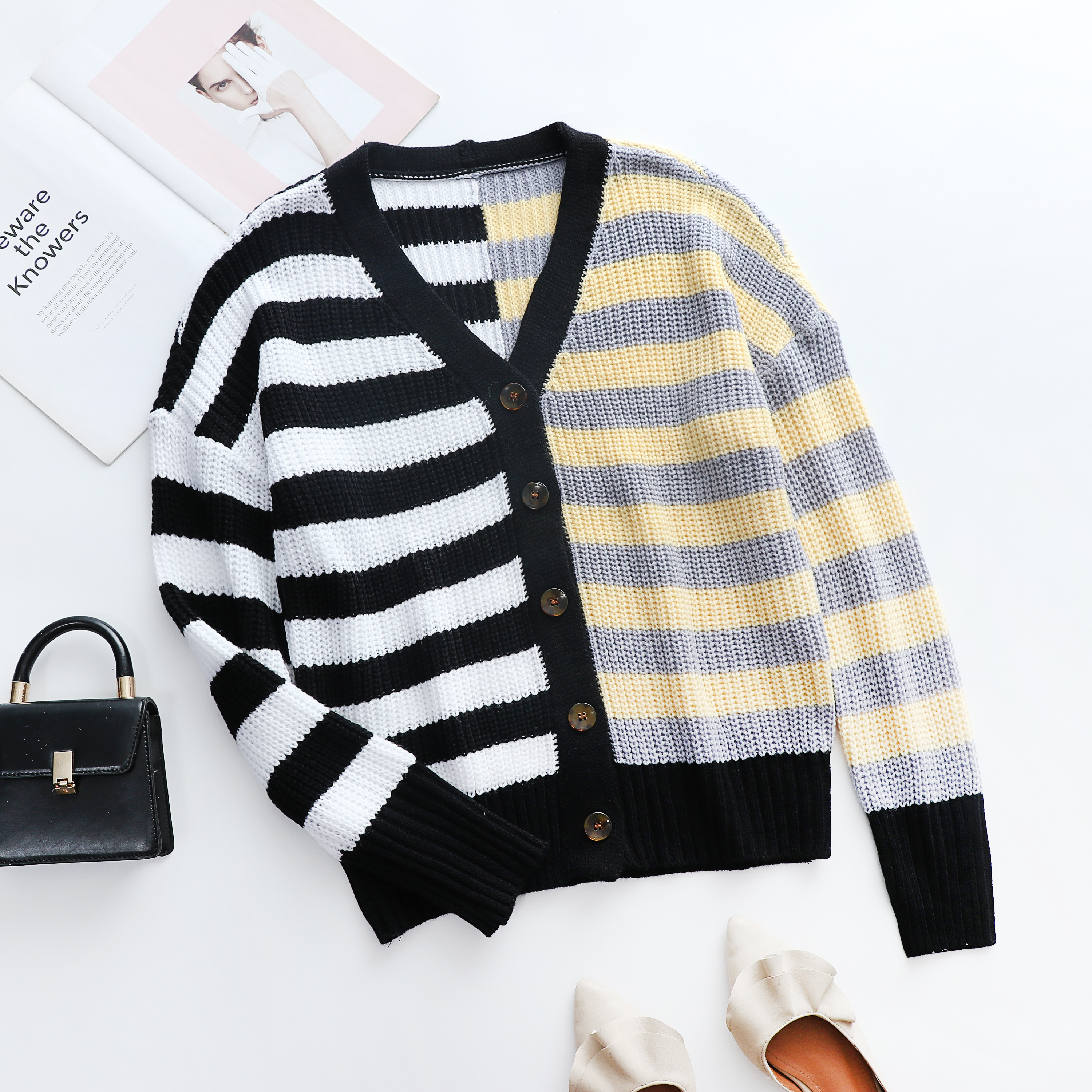 Winter New Three Colors Stripe Knitted Stretch V-Neck Single-Breasted Stylish Sweater