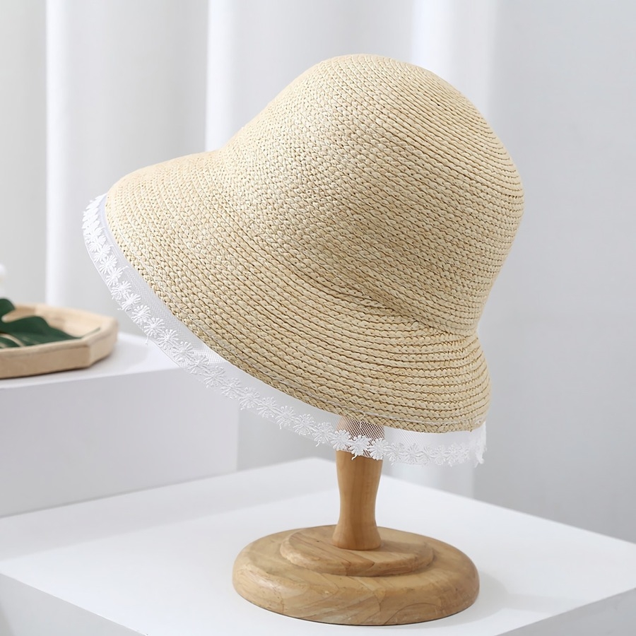 Summer New 3 Colors Lace Trim Raffia Foldable Elegant Sun Protection Casual Outdoor Beach Straw Hat 56-58Cm