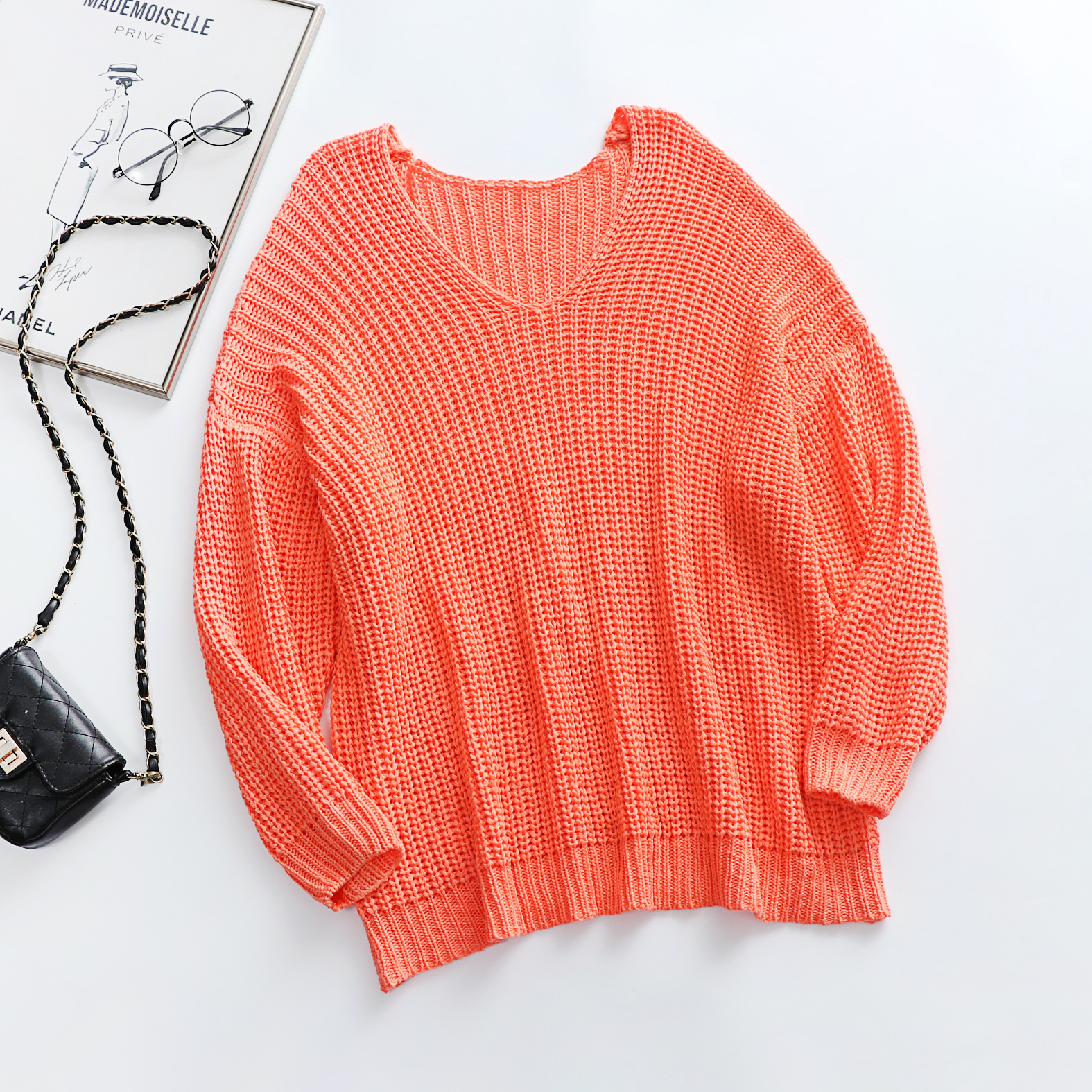 Autumn New Solid Color Knitted Stretch V-Neck Loose Stylish Sweater