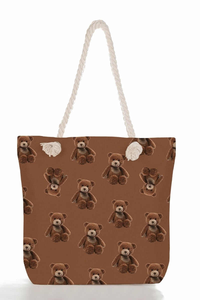 Stylish New Two Colors Cartoon Bear Batch Printing High-Capacity Zip-Up Shoulder Canvas Bag 42Cm(L)* 10Cm(W)* 37Cm(H)