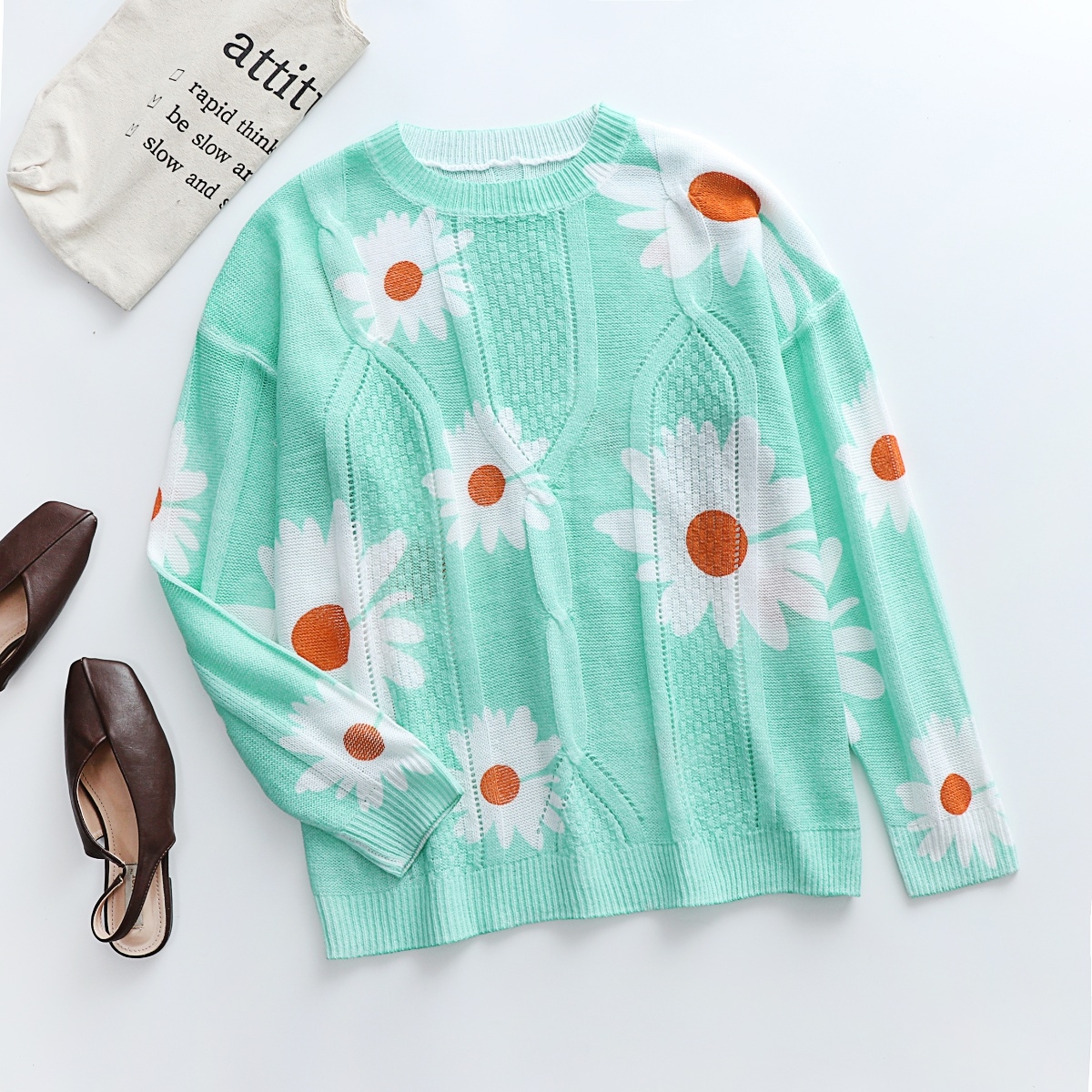 Winter New Three Colors Daisies Printing Stretch Knitted Stylish Casual Sweater