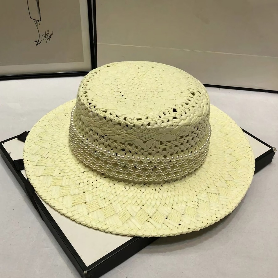 One Pc Summer New Pearl Decor 4 Colors Solid Flat Top Sun Protection Adjustable Weave Seaside Beach Straw Hat 54-58Cm