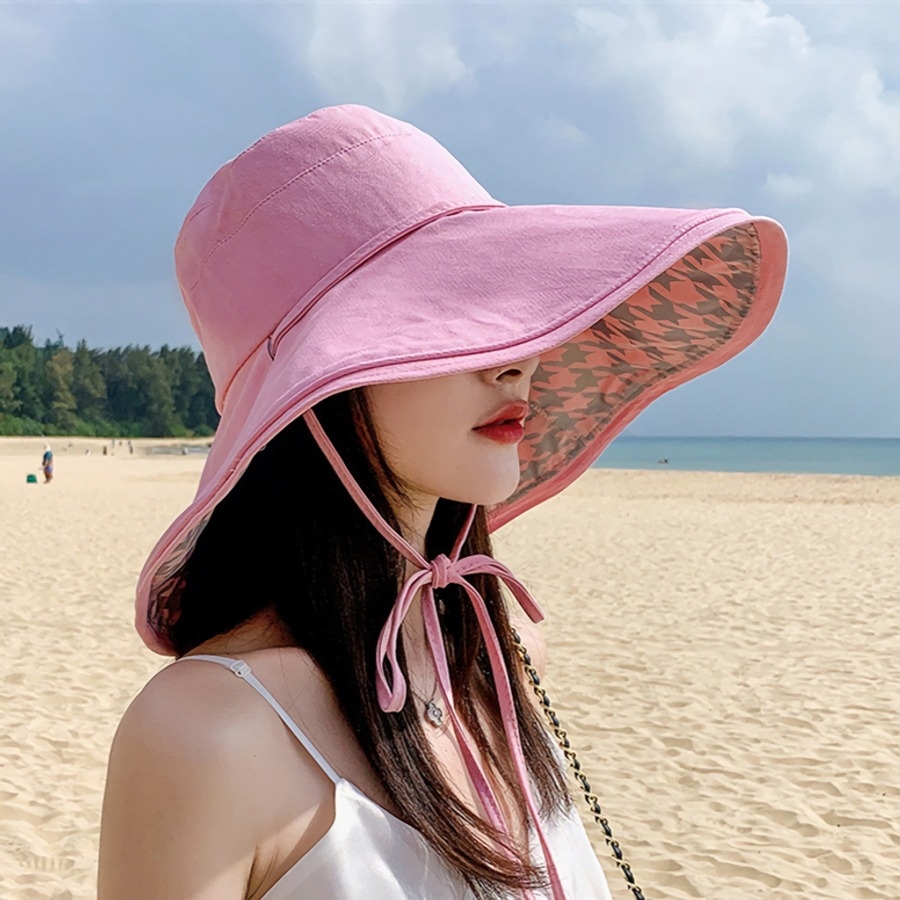 Fashion New 4 Colors Double Sided Houndstooth Printing Big Brim Casual All-Matched Sun Protection Cycling Bucket Hat 56-58Cm