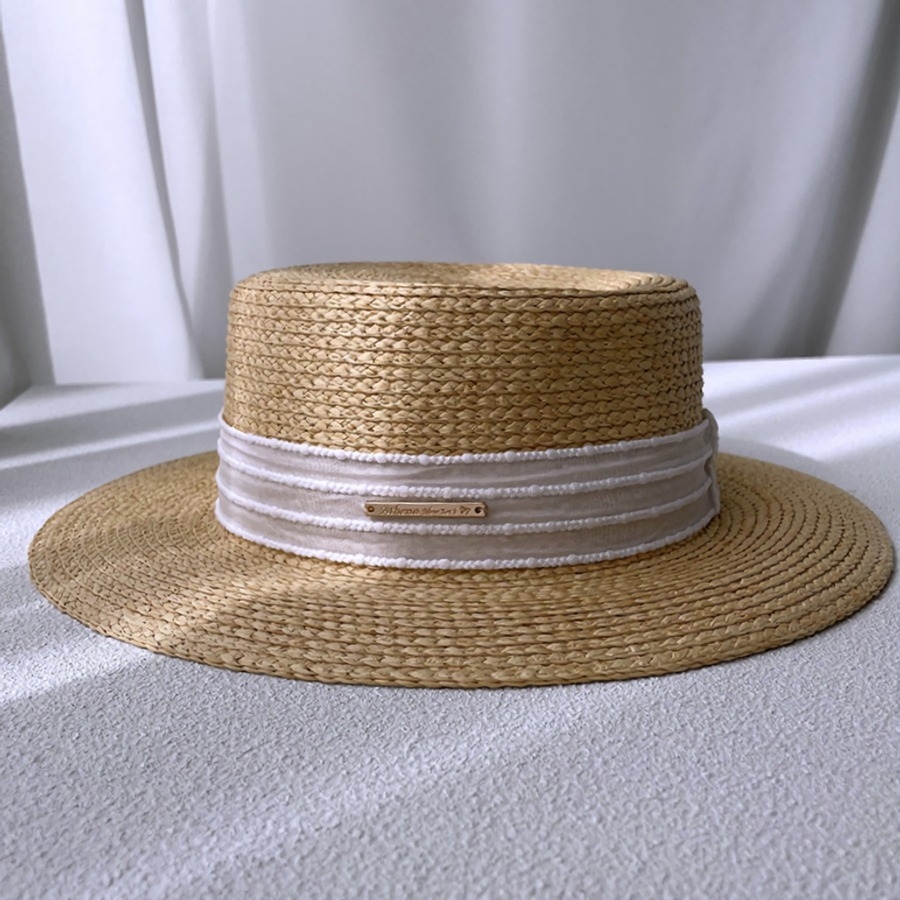 One Pc Summer New Solid Color Metallic Label Lace Decor Flat Top Adjustable Raffia Holiday Style Sun Protection Beach Straw Hat 56-58Cm