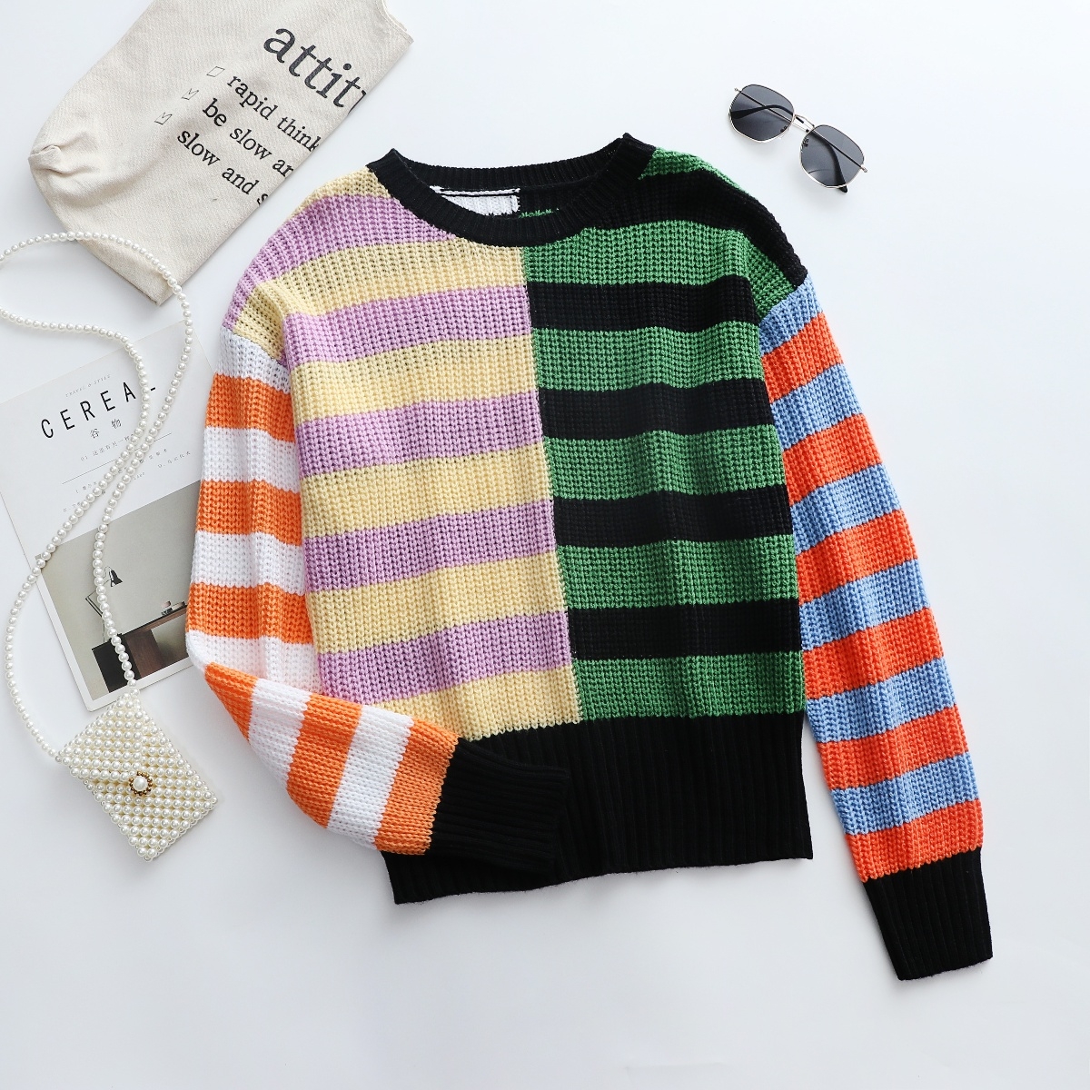 Winter New Three Colors Stripe Knitted Stretch Stylish Simple Casual Sweater