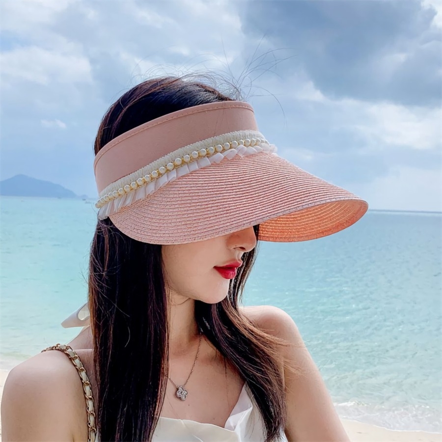 One Pc Summer New Pearl Ruffled Brim 7 Colors Empty Top Shaded Seaside Beach Straw Hat 56-58Cm