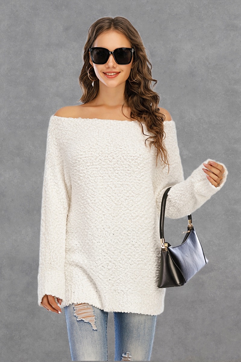 Autumn Winter Solid Color New Fashion Simple Off-Shoulder Knitting Sweater