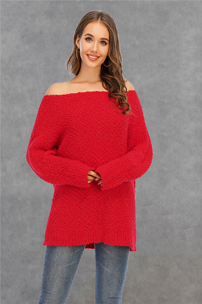 Autumn Winter Solid Color New Fashion Simple Off-Shoulder Knitting Sweater