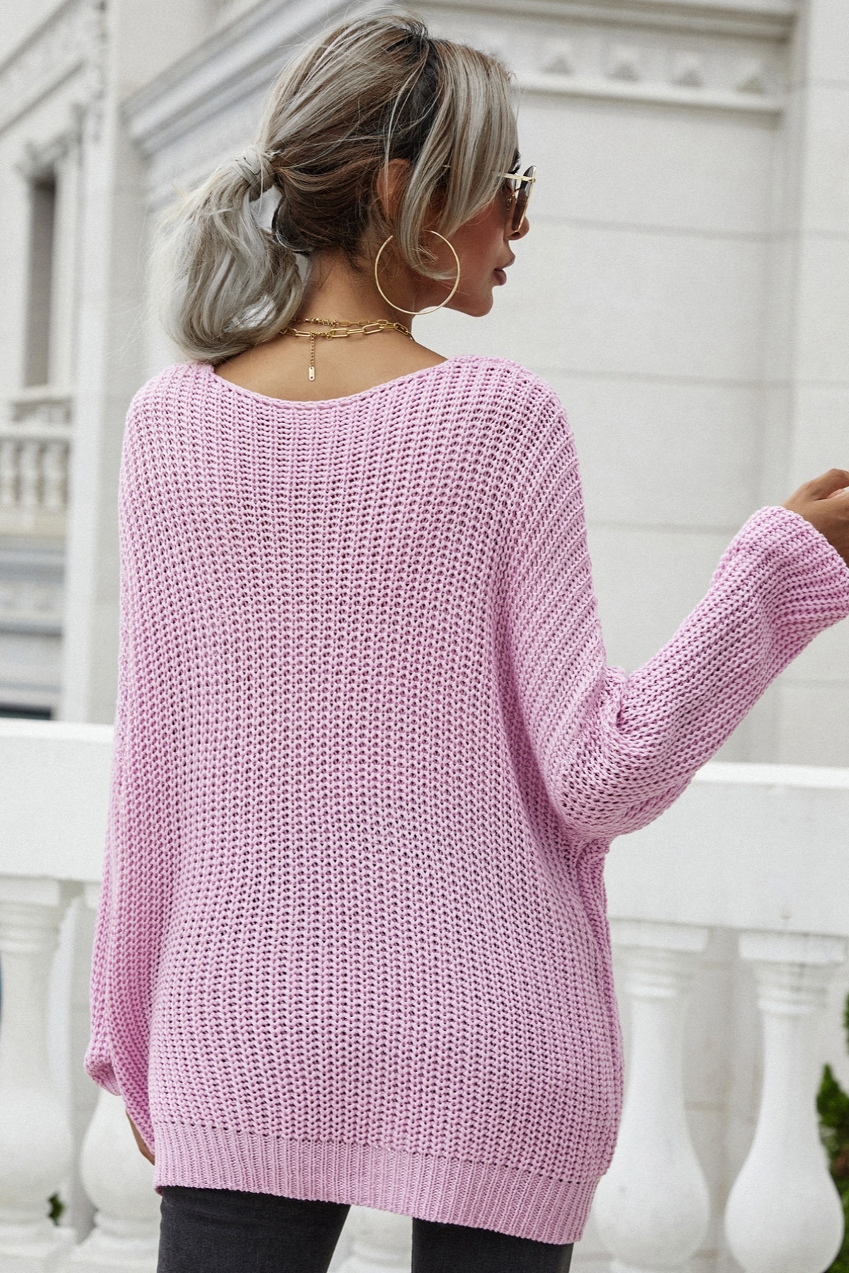 Winter New Solid Color Knitted Stretch V-Neck Loose Simple Stylish Sweater