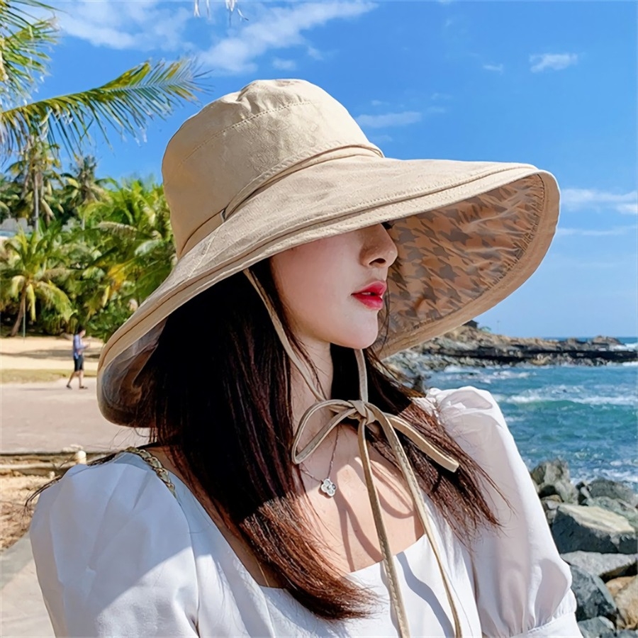 Fashion New 4 Colors Double Sided Houndstooth Printing Big Brim Casual All-Matched Sun Protection Cycling Bucket Hat 56-58Cm