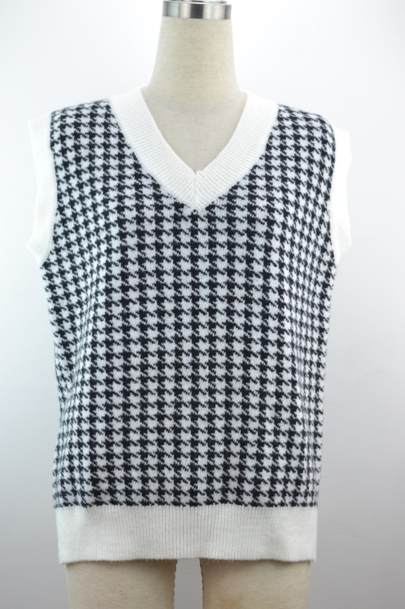 New Two Colors Houndstooth Knitted Stretch V-Neck Stylish Vest