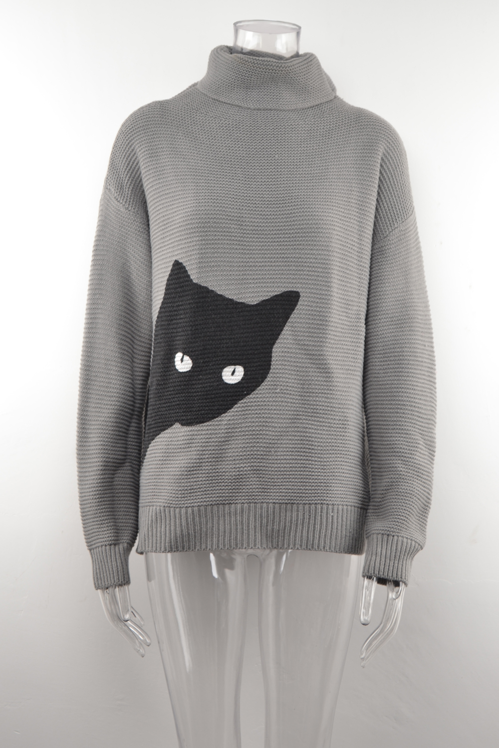 Winter New Kitten Printing Stretch Knitted High Lapel Stylish Sweater