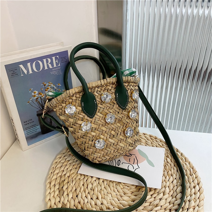 Stylish New Two Colors Rhinestone Decor Lace-Up Crossbody Beach Straw Handbag 20Cm(L)* 6Cm(W)* 16Cm(H)