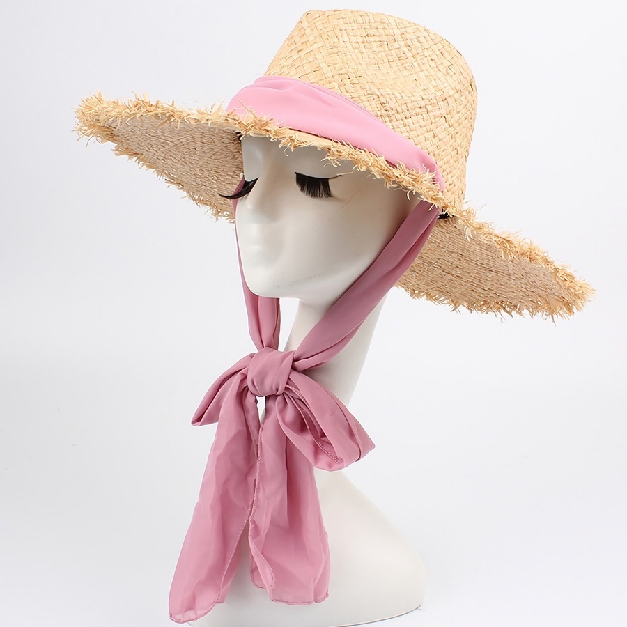 One Pc Summer Chiffon Scarf Self-Tie Raffia Raw Edge Big Brim Vacation Style Seaside Beach Straw Hat 56-58Cm