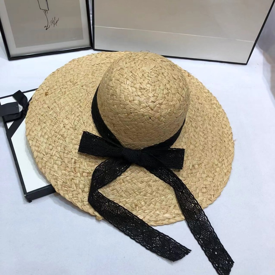 One Pc Summer Raffia Weave Lace Ribbon Dome Big Brim Adjustable Vacation Style Seaside Beach Straw Hat 54-58Cm