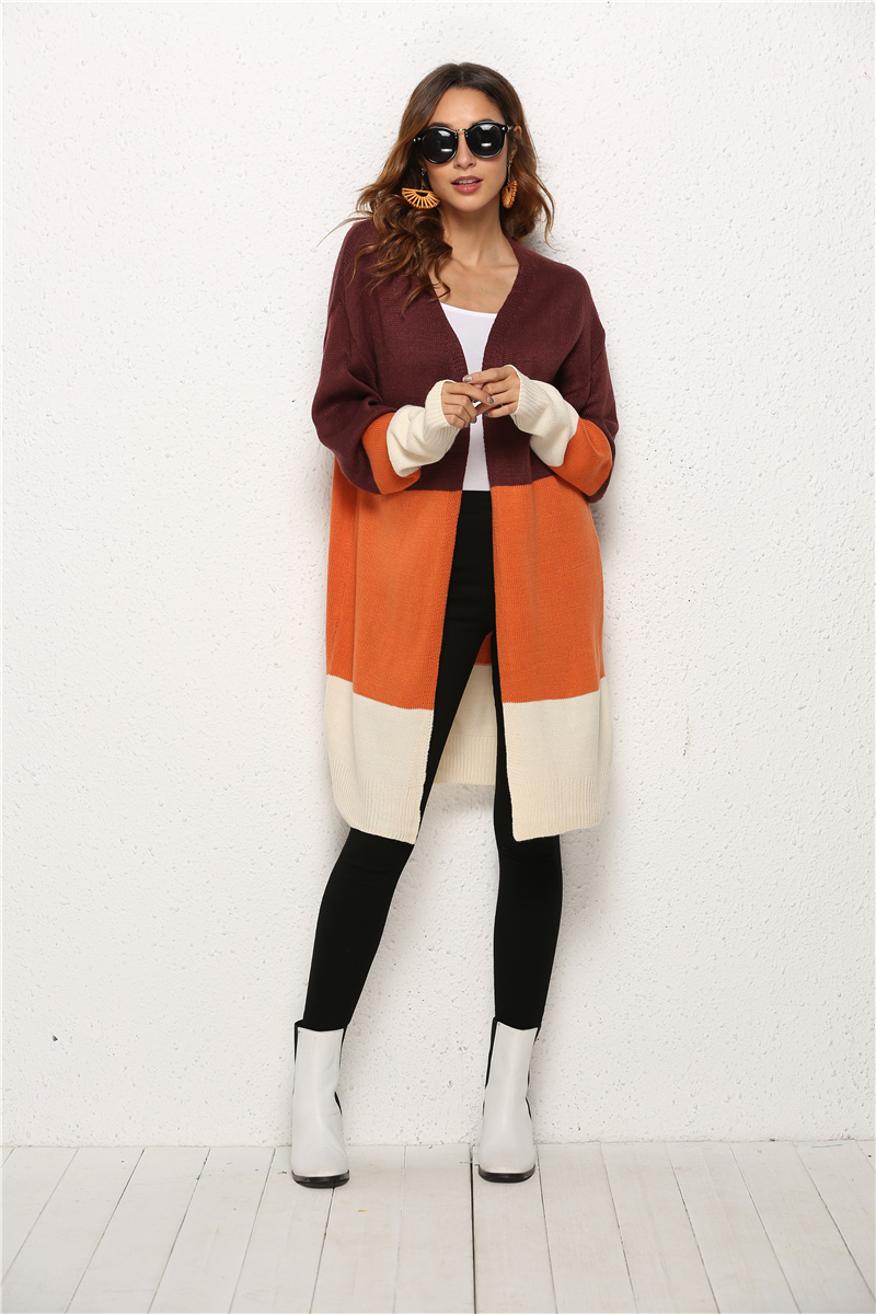 Contrast Color New Stylish Autumn Casual Simple Mid-Length Knitting Cardigan