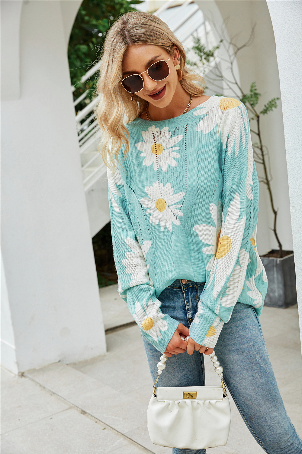 Winter New Flowers Printing Stretch Knitted Stylish Sweater