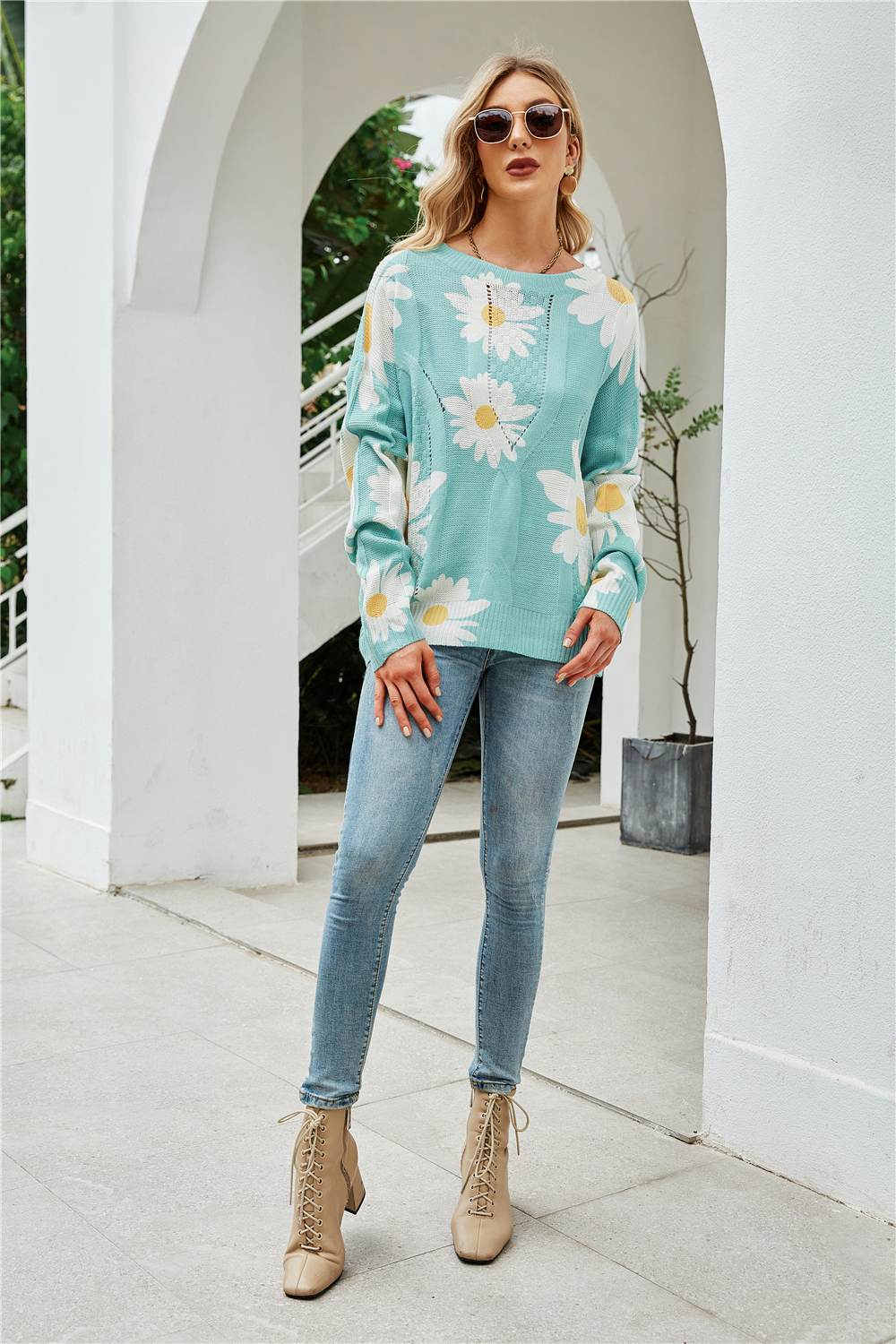 Winter New Flowers Printing Stretch Knitted Stylish Sweater