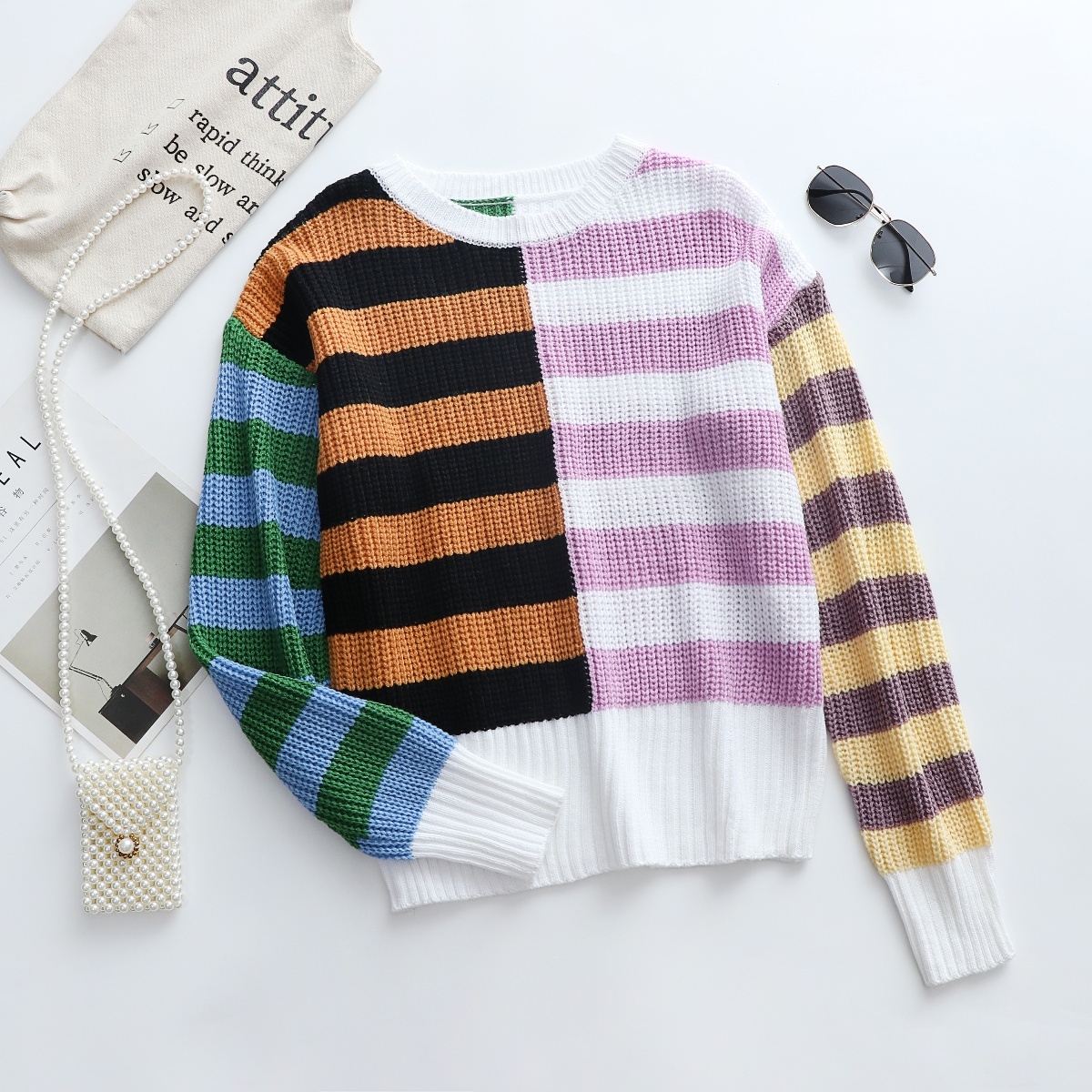 Winter New Three Colors Stripe Knitted Stretch Stylish Simple Casual Sweater