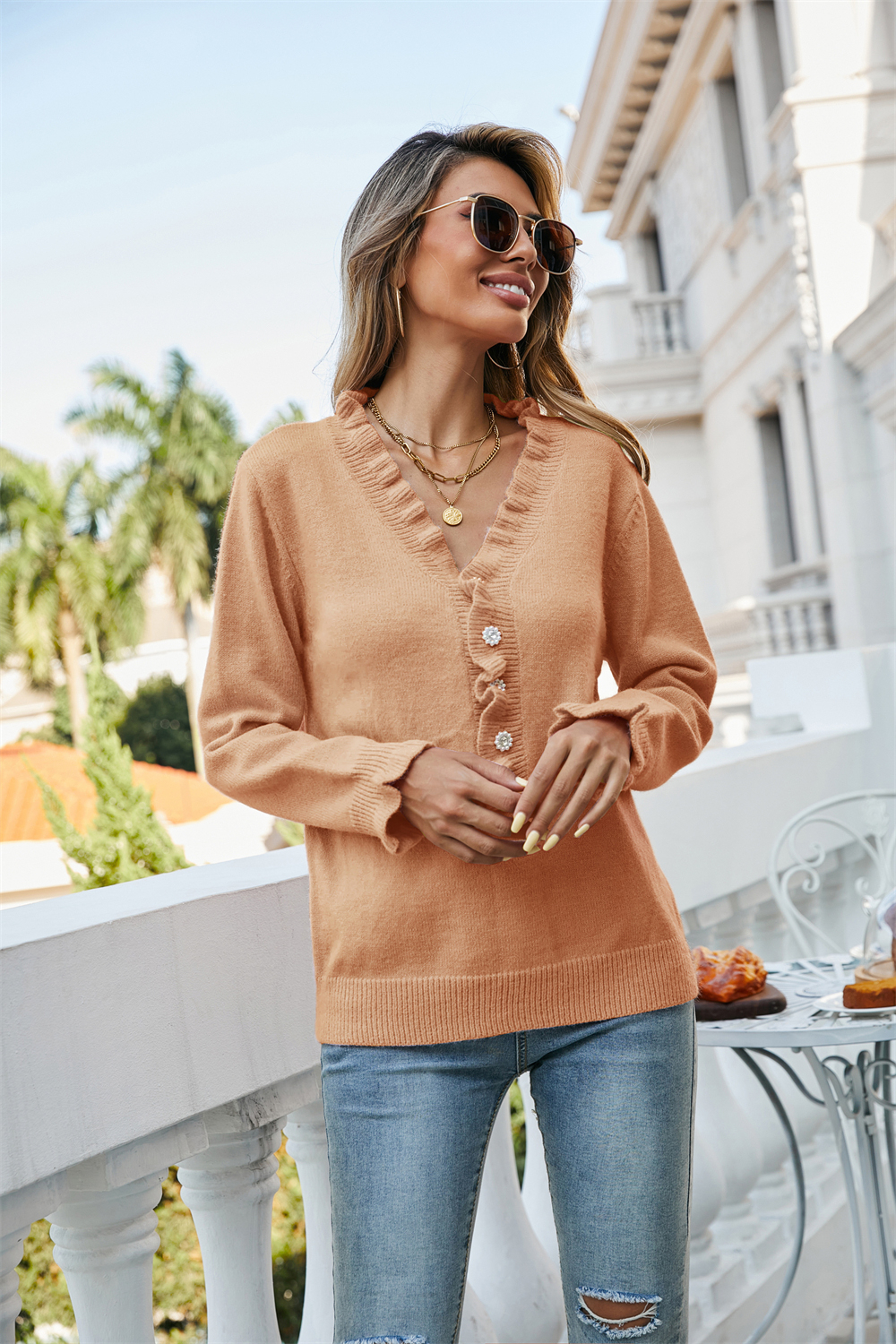 Winter New Solid Color Stretch Knitted V-Neck Buttons Decor Stylish Sweater