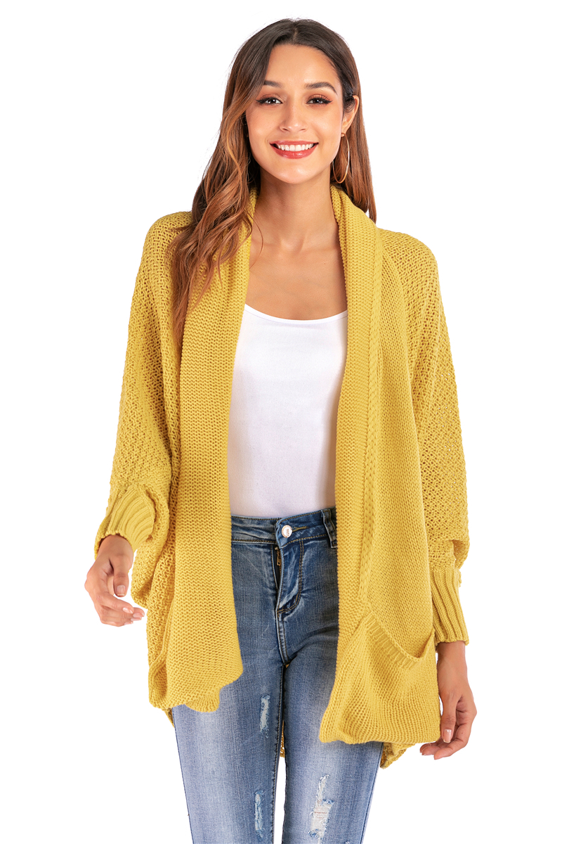 Six Colors Solid Color New Stylish Pocket Simple Bat Sleeves Knitting Cardigan