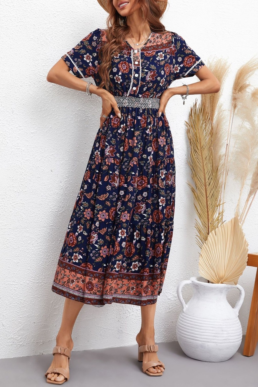 Summer New Stylish 3 Colors Micro Elastic Flower Printing Short Sleeves V-Neck Single-Breasted Casual Midi Dress