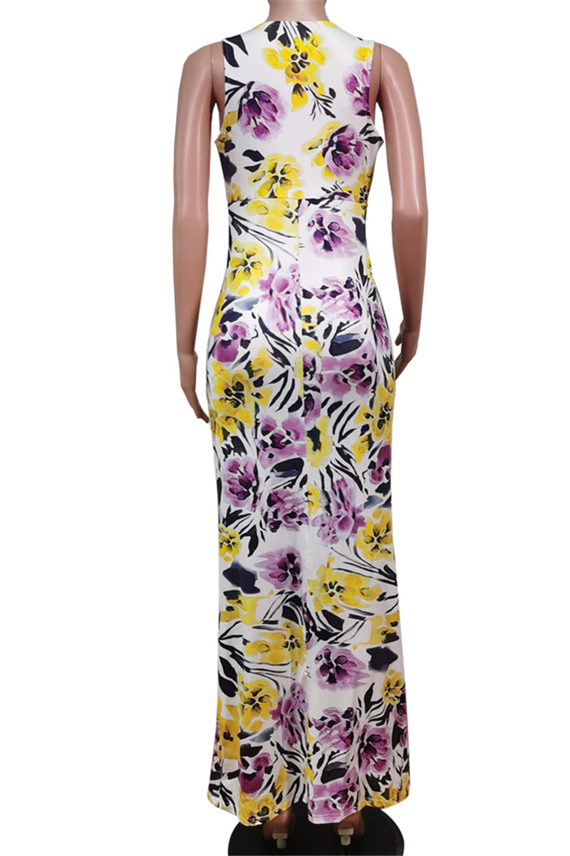 Plus Size Summer Sleeveless Deep V-Neck New Flowers Batch Printing Stretch Maxi Dress