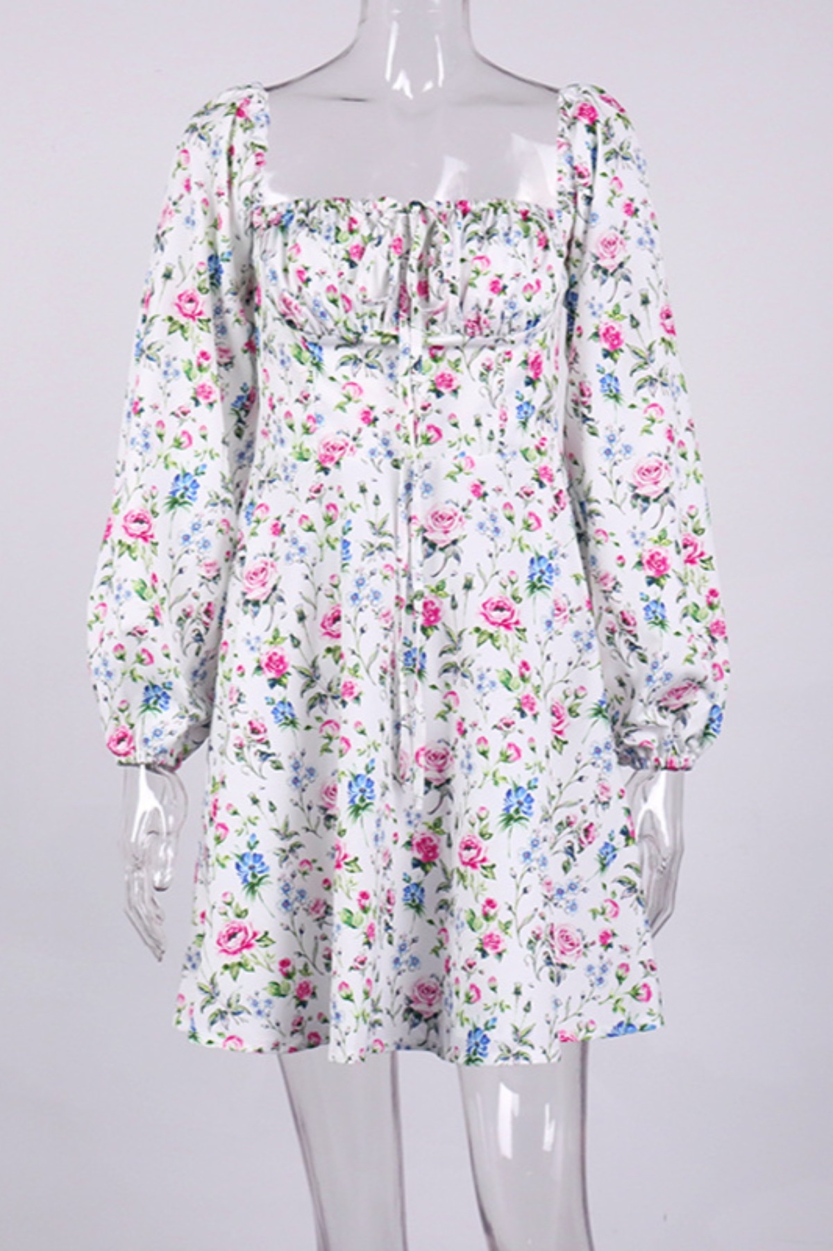 Xs-L Floral Printing Inelastic Square-Neck Lace-Up Zip-Up Back Sweet Rural Mini Dress